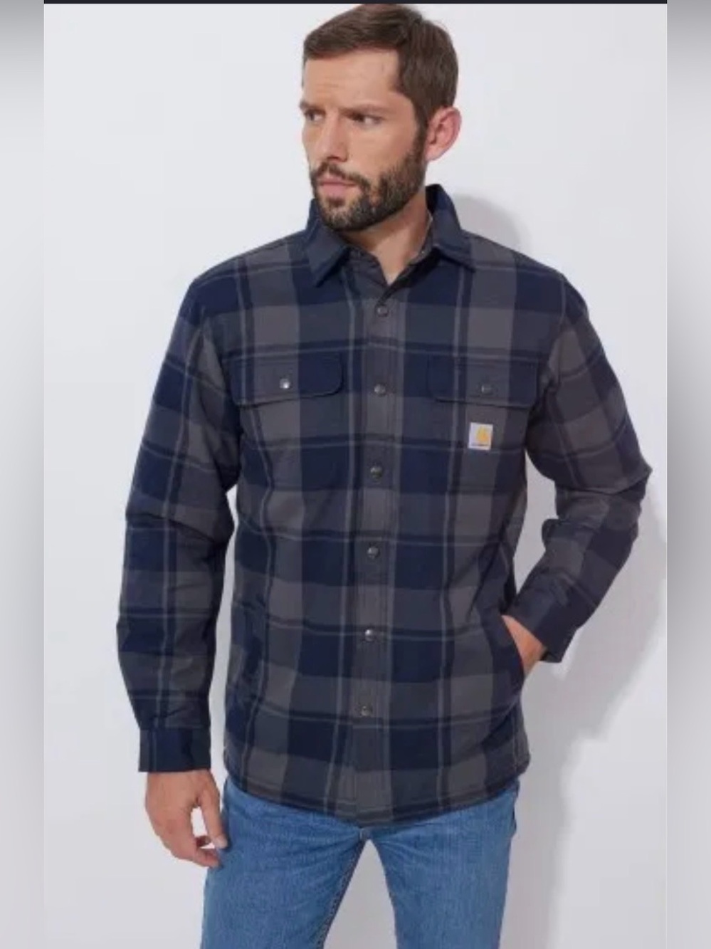 Carhartt Heavyweight Flannel Sherpa Insulated Shirt Jacket Navy Plaid Size Large